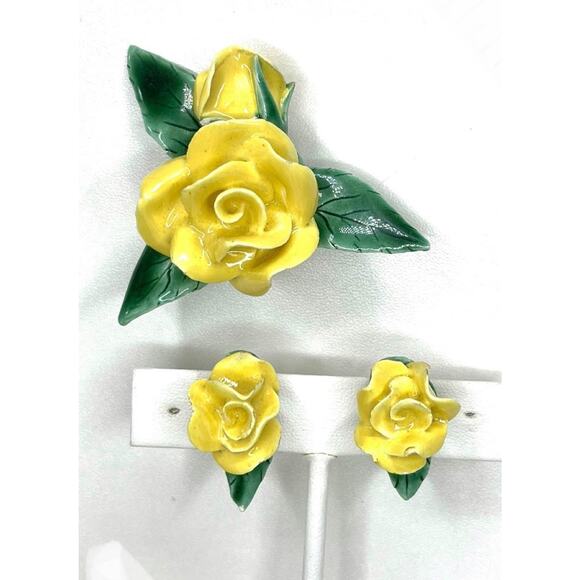 VINTAGE Brooch Earrings Yellow Rose Porcelain Capodimonte vtg Flower AU01 - Picture 2 of 6